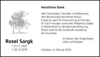 Traueranzeige von Rosel Sargk von Licher Wochenblatt, Licher Wochenblatt, Licher Wochenblatt