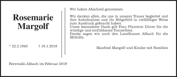 Traueranzeige von Rosemarie Margolf von Giessener Allgemeine, Alsfelder Allgemeine
