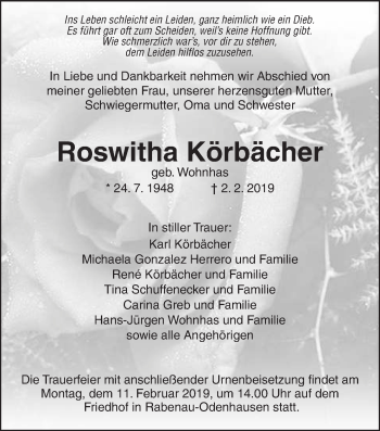 Traueranzeige von Roswitha Körbächer von Giessener Allgemeine, Alsfelder Allgemeine