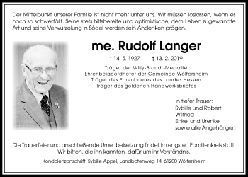 Traueranzeige von Rudolf Langer von Wetterauer Zeitung, Wetterauer Zeitung