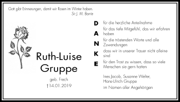 Traueranzeige von Ruth-Luise Gruppe von Wetterauer Zeitung, Wetterauer Zeitung