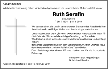 Traueranzeige von Ruth Serafin von Giessener Allgemeine, Alsfelder Allgemeine