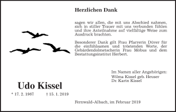 Traueranzeige von Udo Kissel von Giessener Allgemeine, Alsfelder Allgemeine