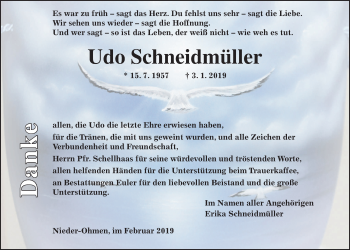 Traueranzeige von Udo Schneidmüller von Alsfelder Allgemeine