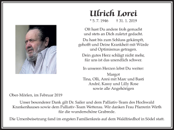 Traueranzeige von Ulrich Lorei von Wetterauer Zeitung, Wetterauer Zeitung