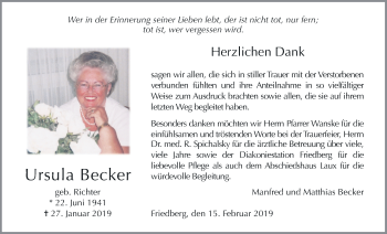 Traueranzeige von Ursula Becker von Wetterauer Zeitung, Wetterauer Zeitung