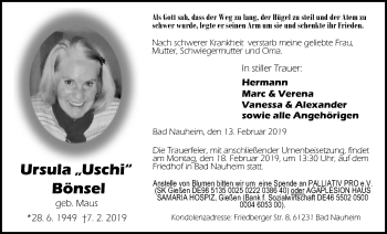 Traueranzeige von Ursula Bönsel von Wetterauer Zeitung, Wetterauer Zeitung