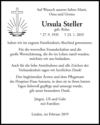 Traueranzeige von Ursula Steller von Giessener Allgemeine, Alsfelder Allgemeine