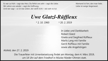 Traueranzeige von Uwe Glatzl-Rüffieux von Alsfelder Allgemeine