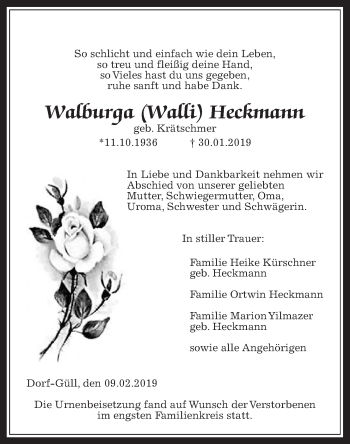 Traueranzeige von Wallburga Heckmann von Giessener Allgemeine, Alsfelder Allgemeine