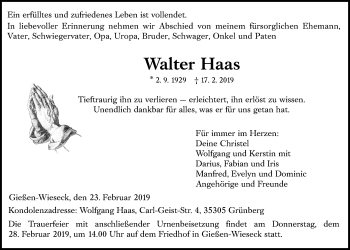 Traueranzeige von Walter Haas von Giessener Allgemeine, Alsfelder Allgemeine