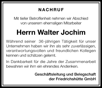 Traueranzeige von Walter Jochim von Giessener Allgemeine, Alsfelder Allgemeine