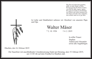 Traueranzeige von Walter Mäser von Wetterauer Zeitung, Wetterauer Zeitung