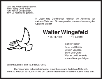 Traueranzeige von Walter Wingefeld von Alsfelder Allgemeine