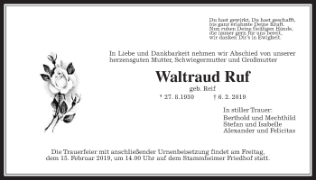 Traueranzeige von Waltraud Ruf von Wetterauer Zeitung, Wetterauer Zeitung
