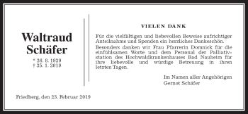 Traueranzeige von Waltraud Schäfer von Wetterauer Zeitung, Wetterauer Zeitung