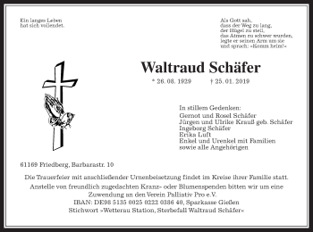 Traueranzeige von Waltraud Schäfer von Wetterauer Zeitung, Wetterauer Zeitung
