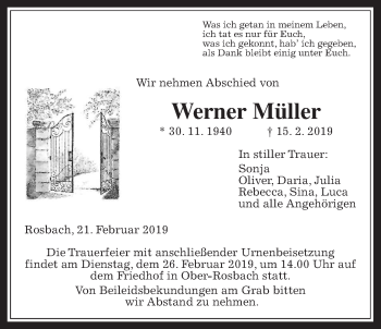 Traueranzeige von Werner Müller von Wetterauer Zeitung, Wetterauer Zeitung