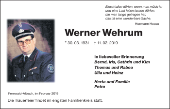 Traueranzeige von Werner Wehrum von Giessener Allgemeine, Alsfelder Allgemeine