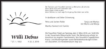 Traueranzeige von Willi Debus von Wetterauer Zeitung, Wetterauer Zeitung, Giessener Allgemeine, Alsfelder Allgemeine