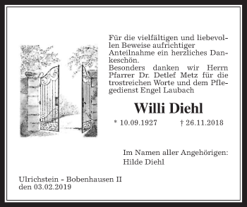 Traueranzeige von Willi Diehl von Alsfelder Allgemeine