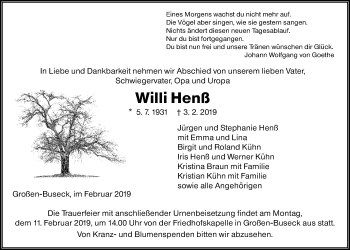 Traueranzeige von Willi Henß von Giessener Allgemeine, Alsfelder Allgemeine