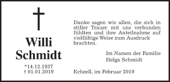 Traueranzeige von Willi Schmidt von Wetterauer Zeitung, Wetterauer Zeitung