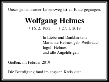 Traueranzeige von Wolfgang Helmes von Giessener Allgemeine, Alsfelder Allgemeine