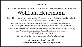 Traueranzeige von Wolfram Herrmann von Wetterauer Zeitung, Wetterauer Zeitung