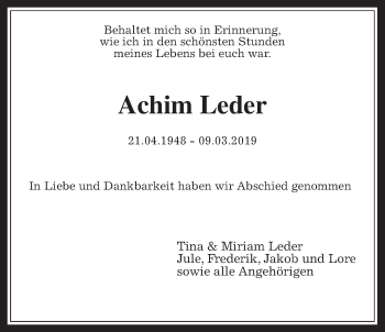 Traueranzeige von Achim Leder von Giessener Allgemeine, Alsfelder Allgemeine