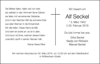 Traueranzeige von Alf Seckel von Wetterauer Zeitung