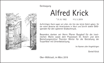 Traueranzeige von Alfred Krick von Wetterauer Zeitung