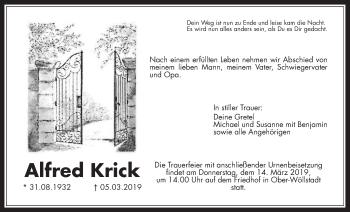Traueranzeige von Alfred Krick von Wetterauer Zeitung