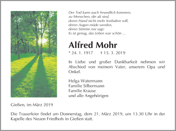 Traueranzeige von Alfred Mohr von Giessener Allgemeine, Alsfelder Allgemeine