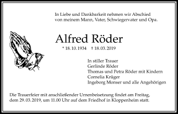 Traueranzeige von Alfred Röder von Bad Vilbel/Karben