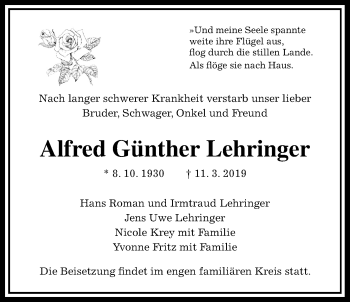 Traueranzeige von Alfred Günther Lehringer von Wetterauer Zeitung