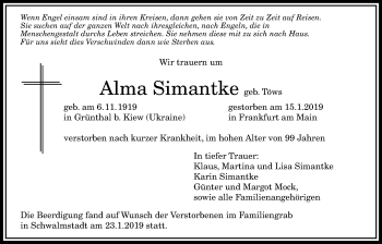 Traueranzeige von Alma Simantke von Bad Vilbel/Karben