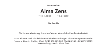 Traueranzeige von Alma Zens von Wetterauer Zeitung