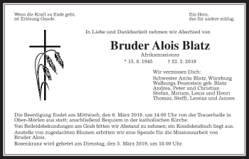 Traueranzeige von Alois Blatz von Wetterauer Zeitung, Wetterauer Zeitung