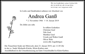 Traueranzeige von Andrea Ganß von Bad Vilbel/Karben