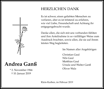 Traueranzeige von Andrea Ganß von Bad Vilbel/Karben