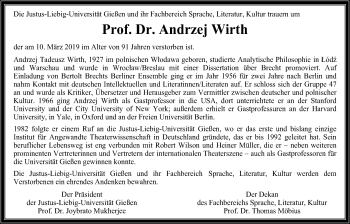 Traueranzeige von Andrzej Wirth von Giessener Allgemeine, Alsfelder Allgemeine