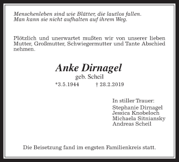 Traueranzeige von Anke Dirnagel von Giessener Allgemeine, Alsfelder Allgemeine