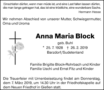 Traueranzeige von Anna Maria Block von Giessener Allgemeine, Alsfelder Allgemeine