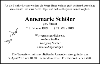 Traueranzeige von Annemarie Schöler von Giessener Allgemeine, Alsfelder Allgemeine