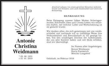 Traueranzeige von Antonie Christina Weidmann von Wetterauer Zeitung, Wetterauer Zeitung