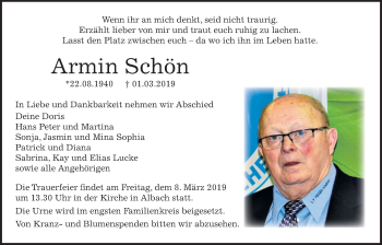 Traueranzeige von Armin Schön von Giessener Allgemeine, Alsfelder Allgemeine