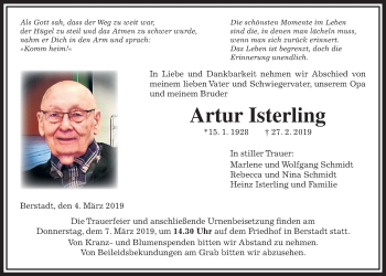 Traueranzeige von Artur Isterling von Wetterauer Zeitung, Wetterauer Zeitung
