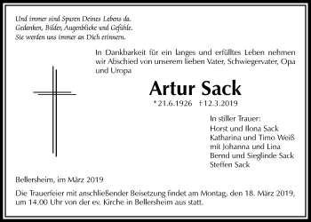 Traueranzeige von Artur Sack von Licher Wochenblatt