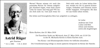 Traueranzeige von Astrid Rüger von Wetterauer Zeitung